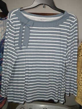 LOFT Blue and White Striped Boatneck Top with A Bow. XL